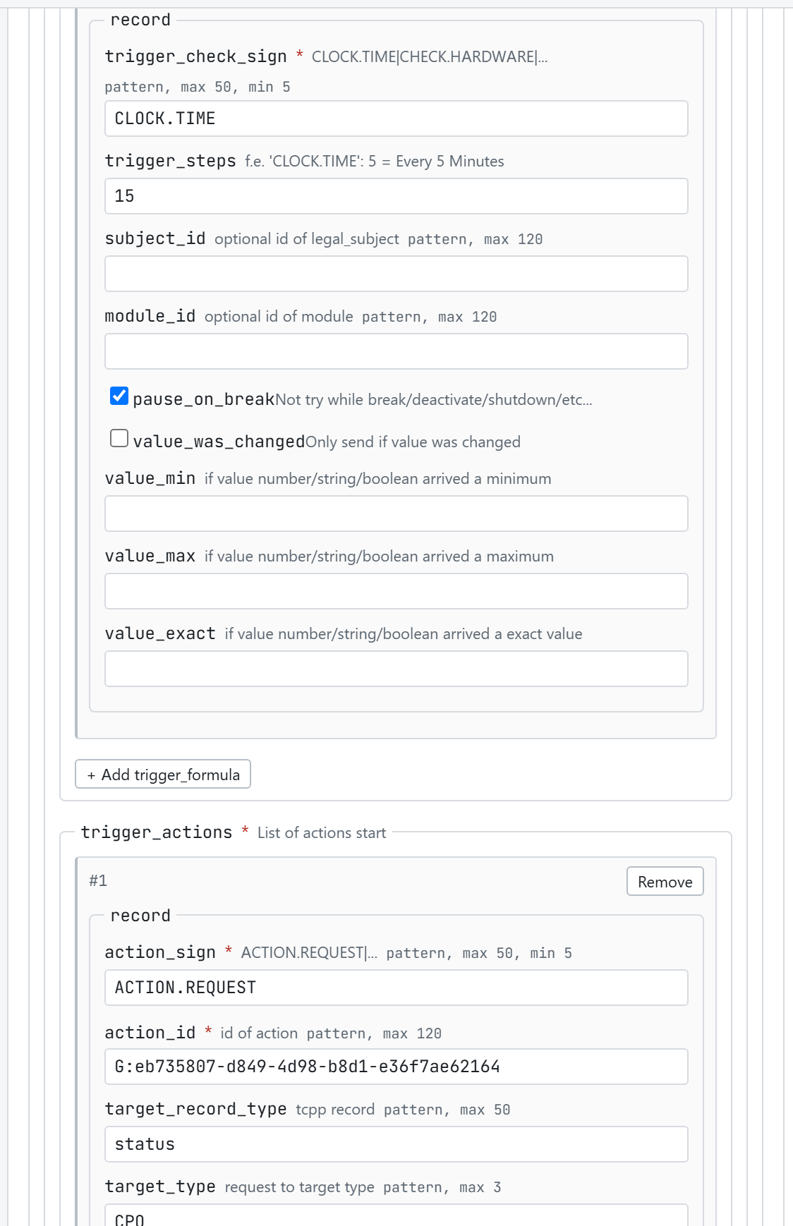 Das trigger_set-Formular, gescrollt bis zum Abschnitt record, mit Ankreuzfeldern, einer Array-Element-Karte mit Remove-Schaltfläche und einer Schaltfläche Add trigger_formula.